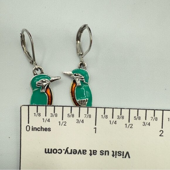 Green and Silver Kingfisher Earrings with Leverback Design - Picture 5 of 7
